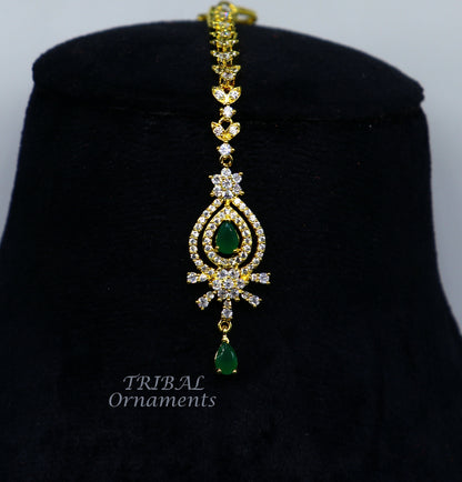 925 sterling silver customized gold tone cubic zircon stone head jewelry mang tika, bridal wedding set, belly dance charm hair jewelry MT03 - TRIBAL ORNAMENTS