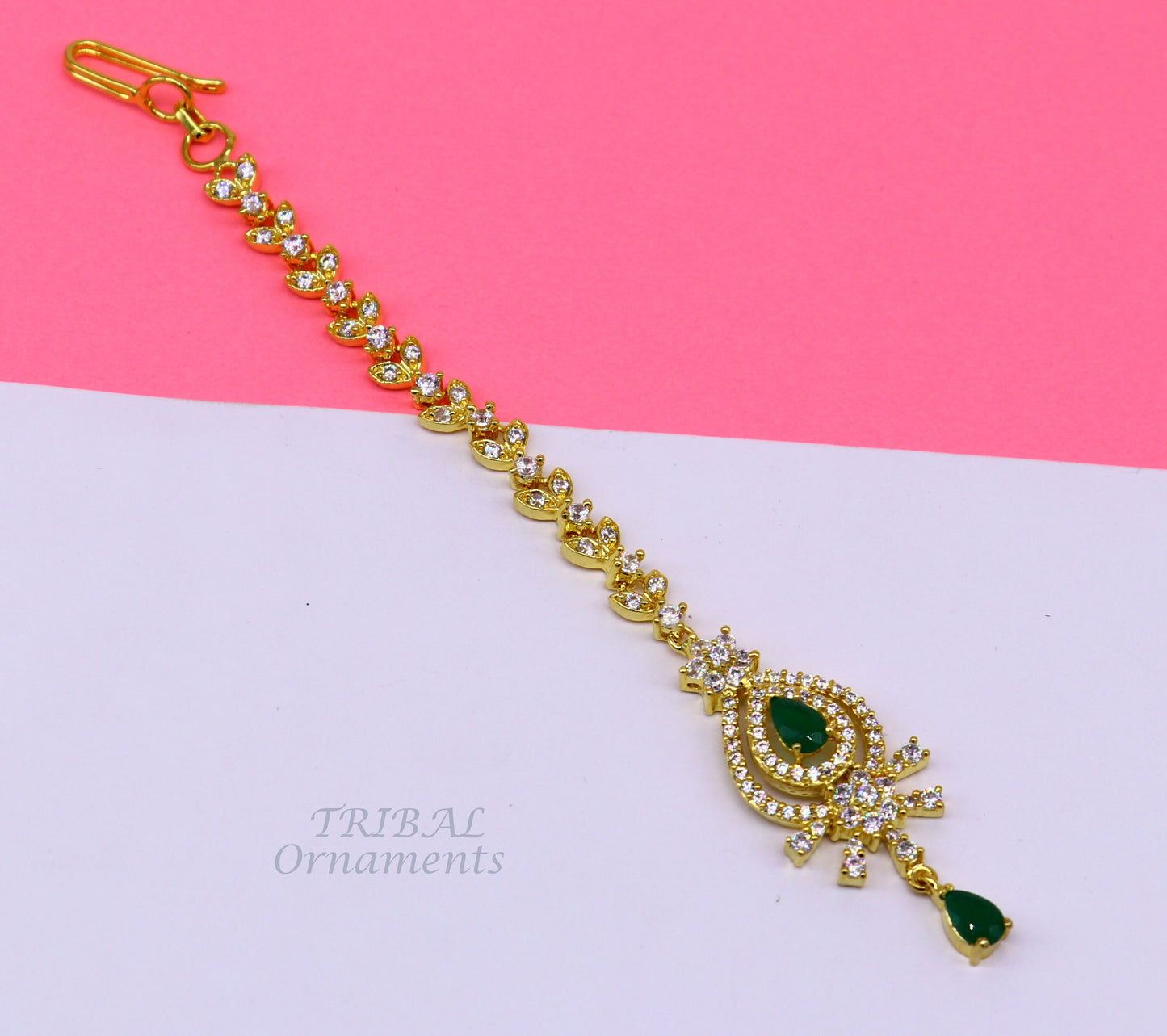 925 sterling silver customized gold tone cubic zircon stone head jewelry mang tika, bridal wedding set, belly dance charm hair jewelry MT03 - TRIBAL ORNAMENTS