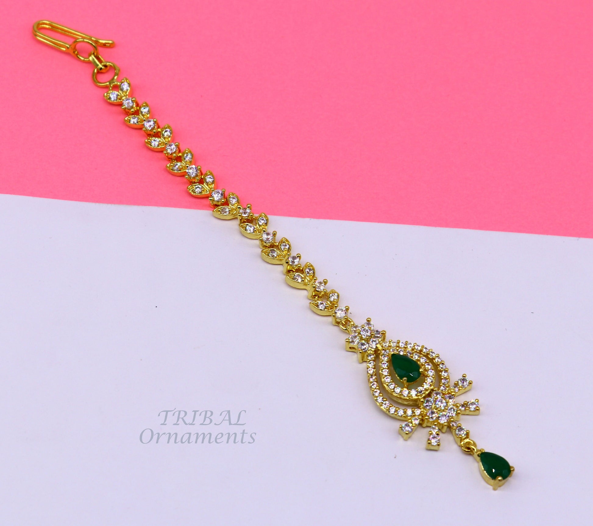 925 sterling silver customized gold tone cubic zircon stone head jewelry mang tika, bridal wedding set, belly dance charm hair jewelry MT03 - TRIBAL ORNAMENTS