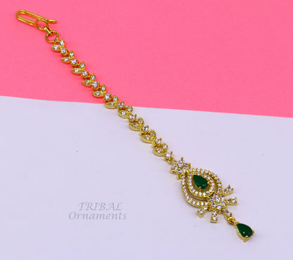 925 sterling silver customized gold tone cubic zircon stone head jewelry mang tika, bridal wedding set, belly dance charm hair jewelry MT03 - TRIBAL ORNAMENTS