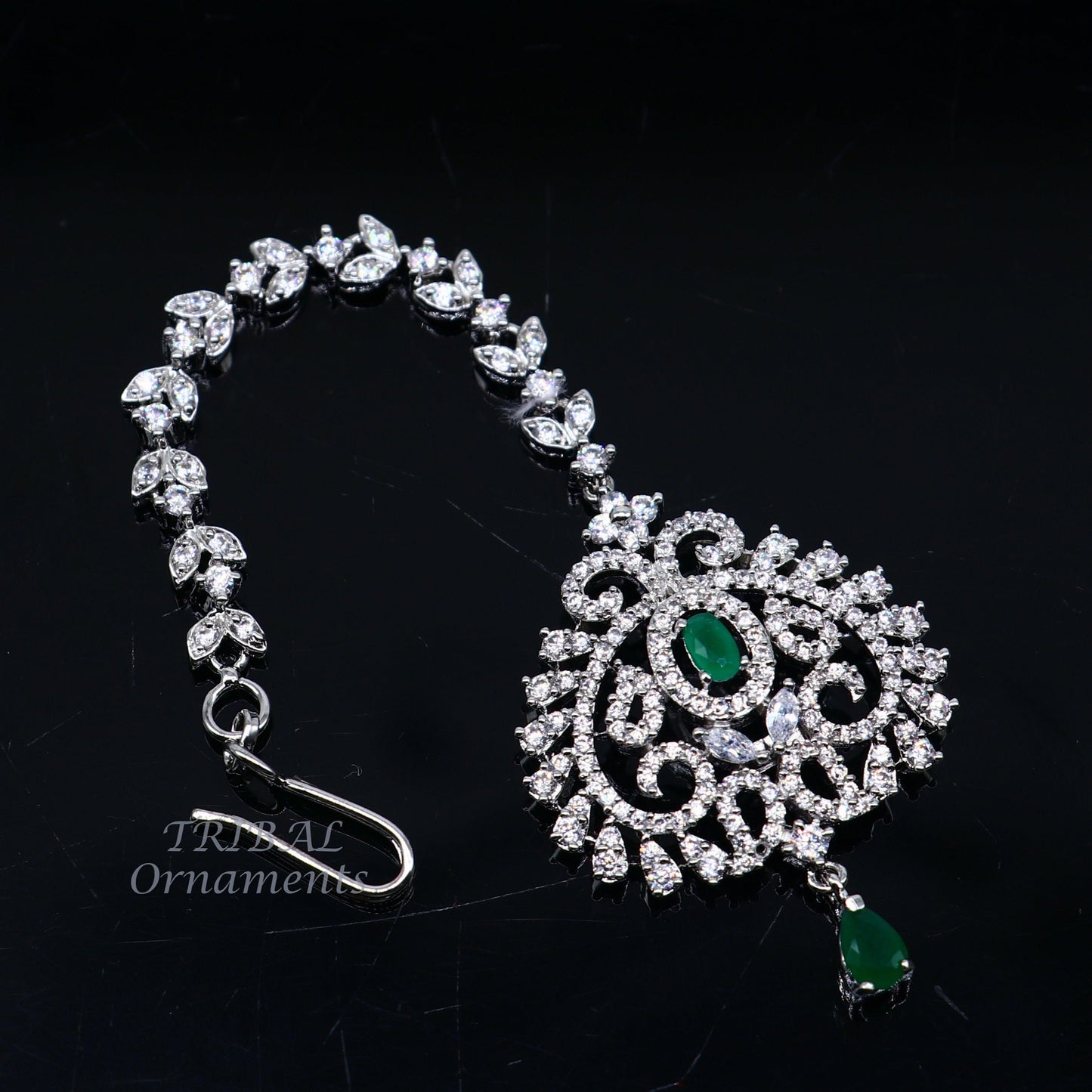 925 sterling silver customized gold tone cubic zircon stone head jewelry mang tika, bridal wedding set, belly dance charm hair jewelry MT04 - TRIBAL ORNAMENTS