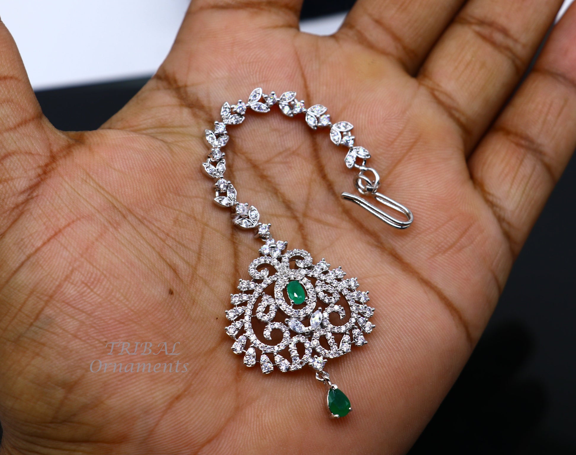 925 sterling silver customized gold tone cubic zircon stone head jewelry mang tika, bridal wedding set, belly dance charm hair jewelry MT04 - TRIBAL ORNAMENTS