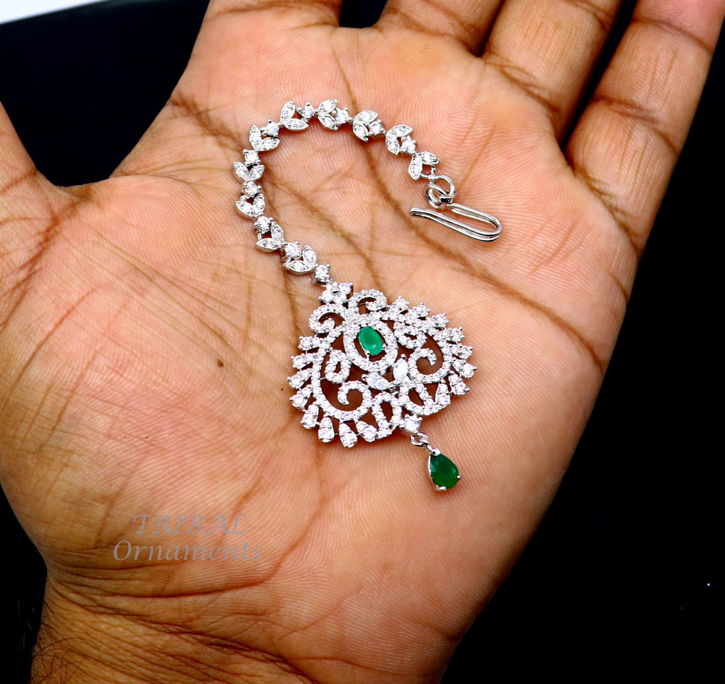 925 sterling silver customized gold tone cubic zircon stone head jewelry mang tika, bridal wedding set, belly dance charm hair jewelry MT04 - TRIBAL ORNAMENTS