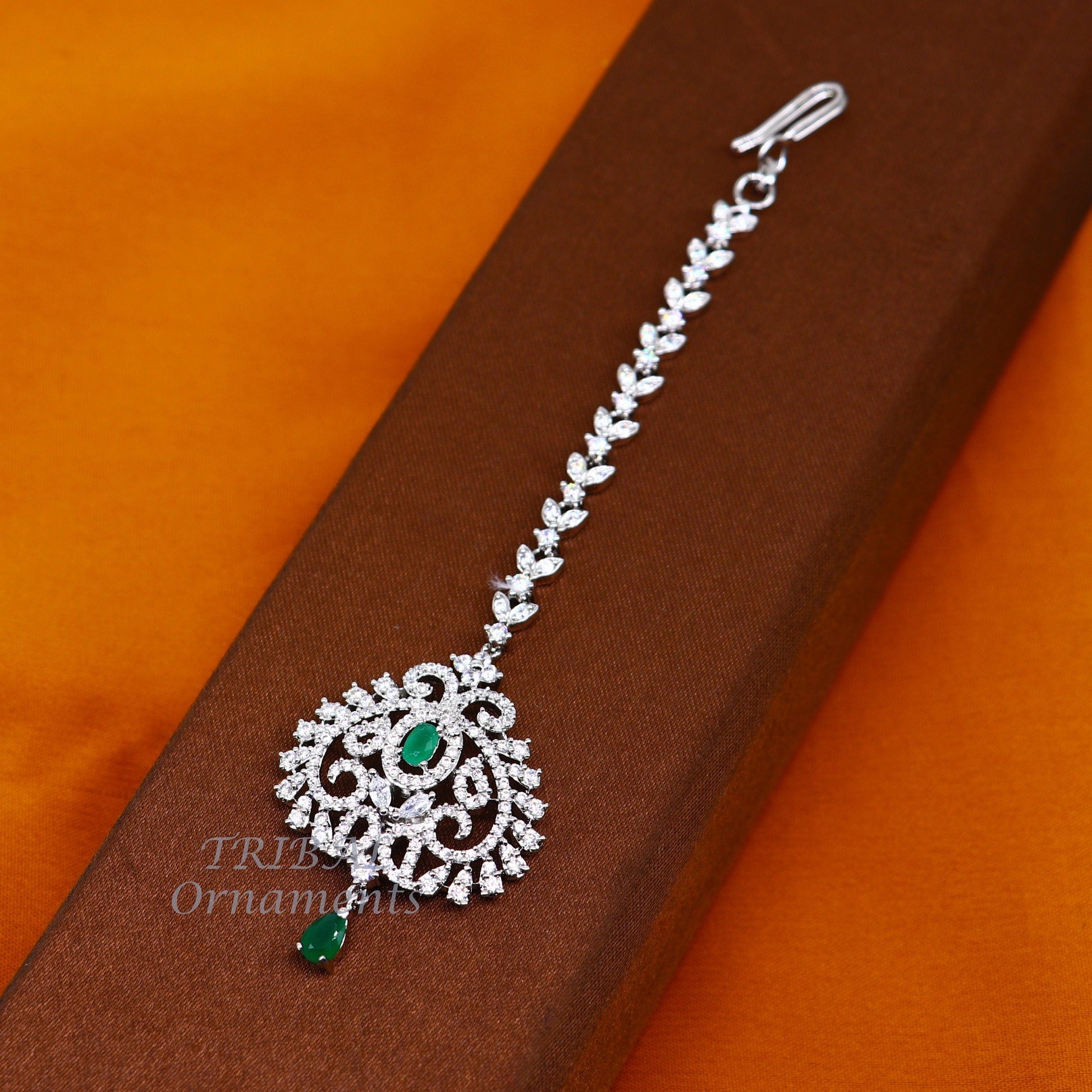 925 sterling silver customized gold tone cubic zircon stone head jewelry mang tika, bridal wedding set, belly dance charm hair jewelry MT04 - TRIBAL ORNAMENTS