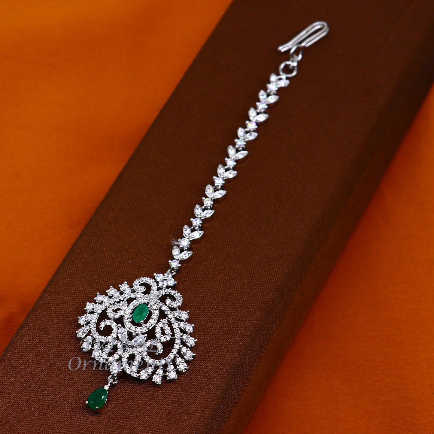 925 sterling silver customized gold tone cubic zircon stone head jewelry mang tika, bridal wedding set, belly dance charm hair jewelry MT04 - TRIBAL ORNAMENTS