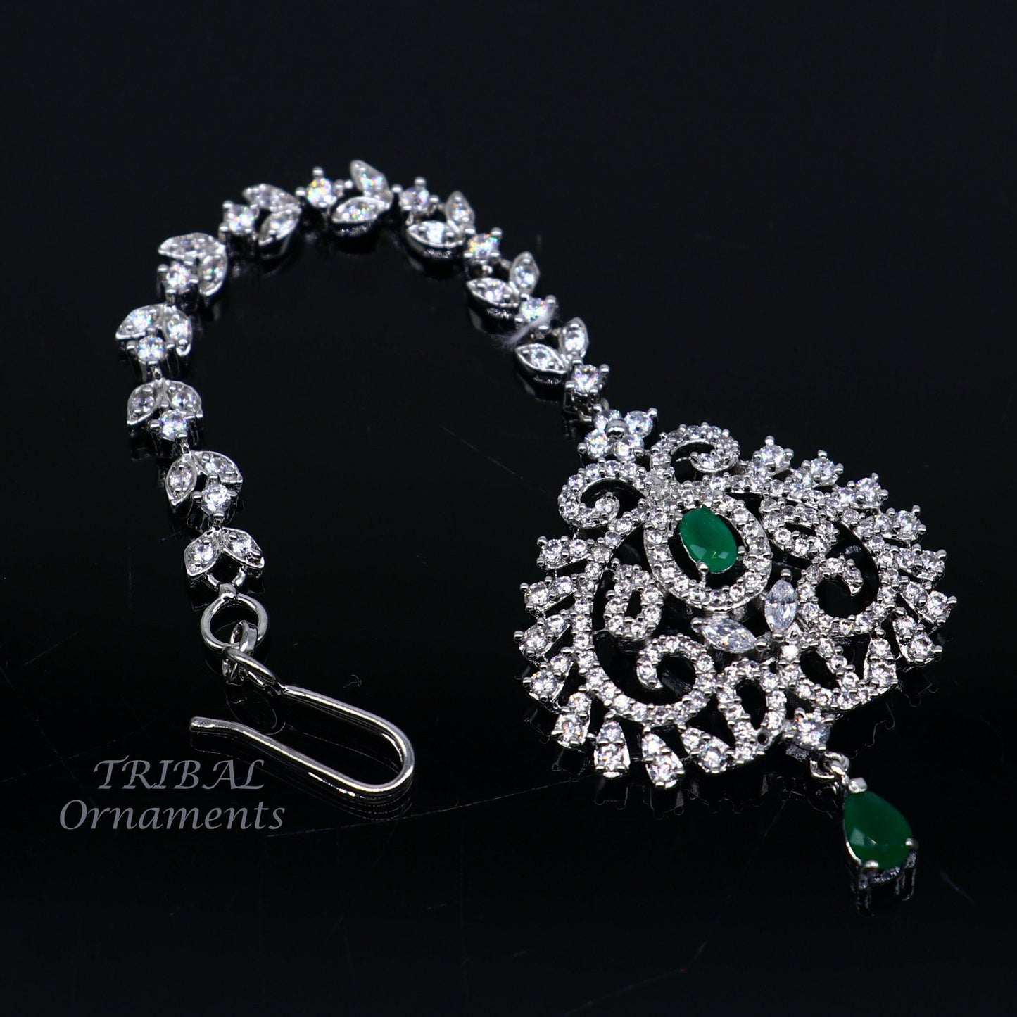 925 sterling silver customized gold tone cubic zircon stone head jewelry mang tika, bridal wedding set, belly dance charm hair jewelry MT04 - TRIBAL ORNAMENTS