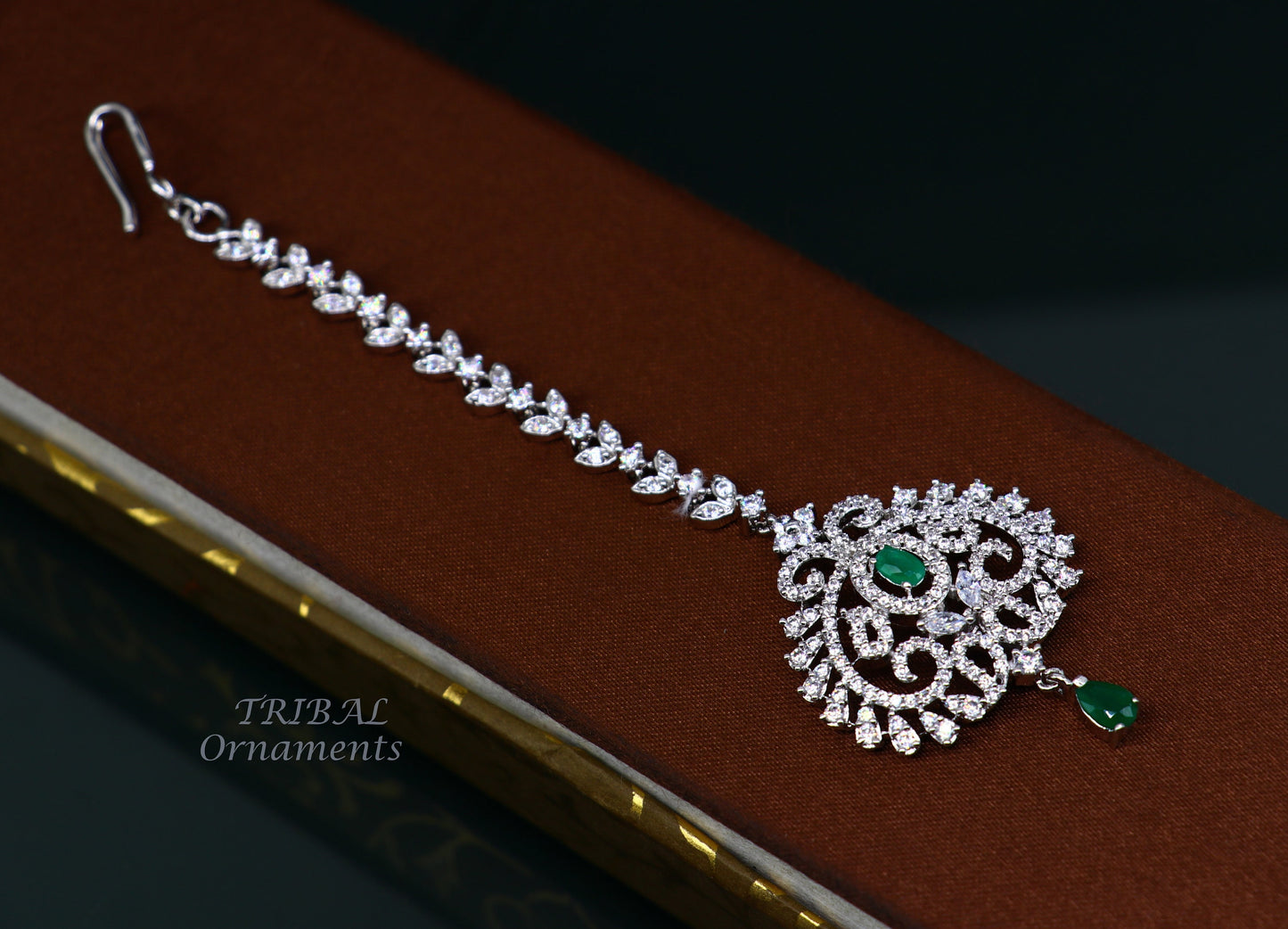 925 sterling silver customized gold tone cubic zircon stone head jewelry mang tika, bridal wedding set, belly dance charm hair jewelry MT04 - TRIBAL ORNAMENTS