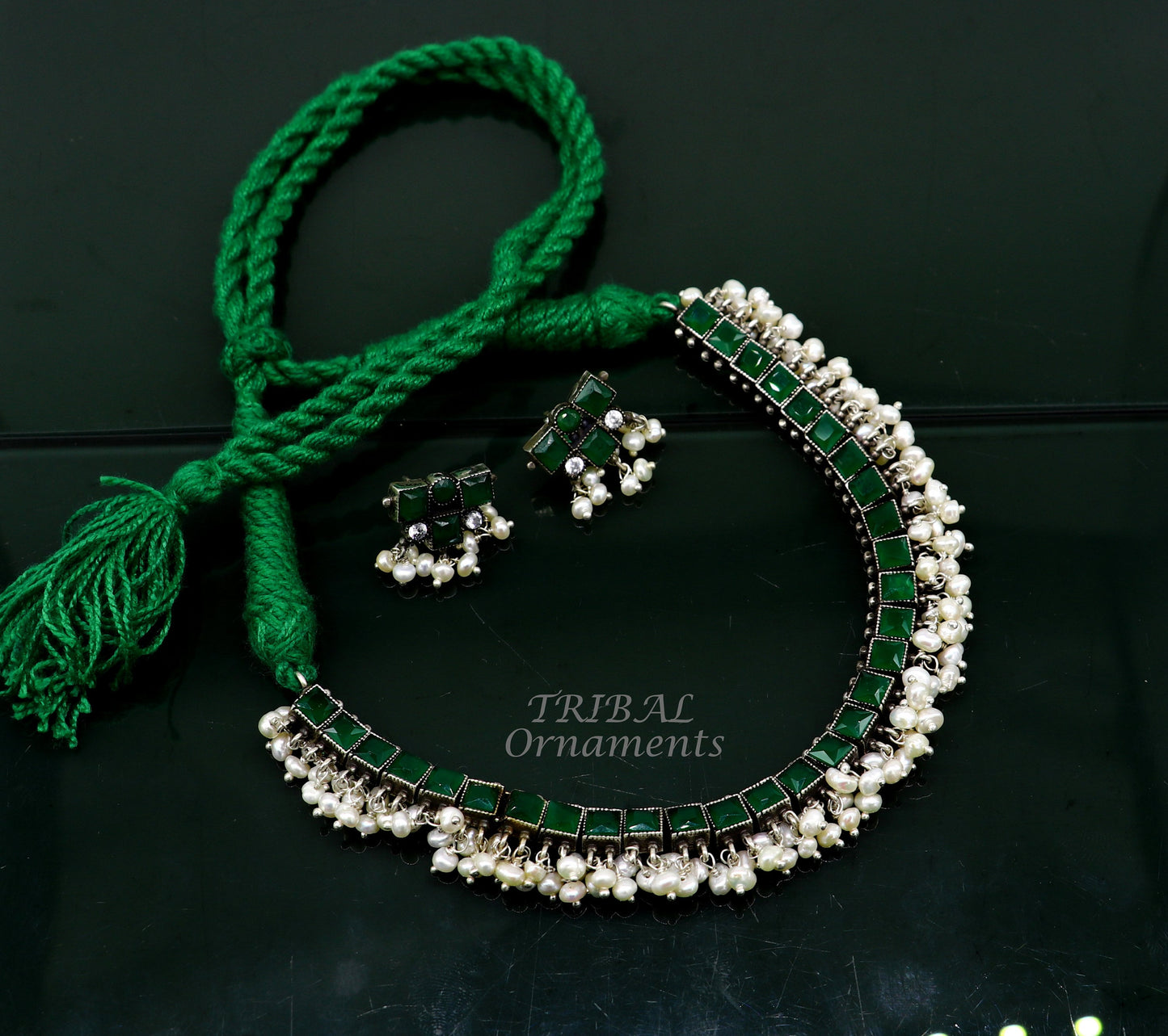 925 sterling silver customized guttapusalu necklace set amazing green stone and hanging pearl ethnic tribal brides jewelry set512 - TRIBAL ORNAMENTS