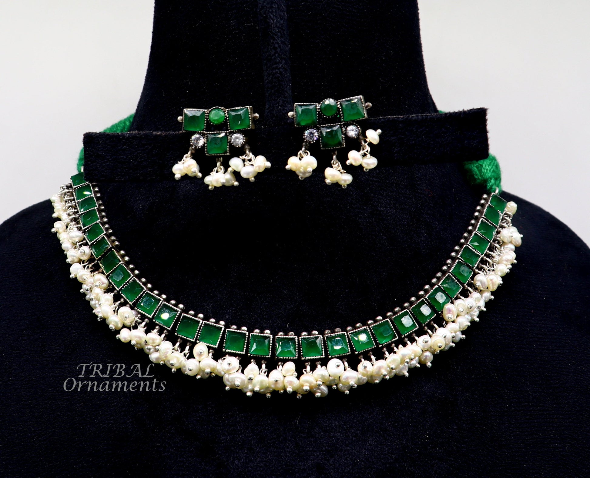 925 sterling silver customized guttapusalu necklace set amazing green stone and hanging pearl ethnic tribal brides jewelry set512 - TRIBAL ORNAMENTS