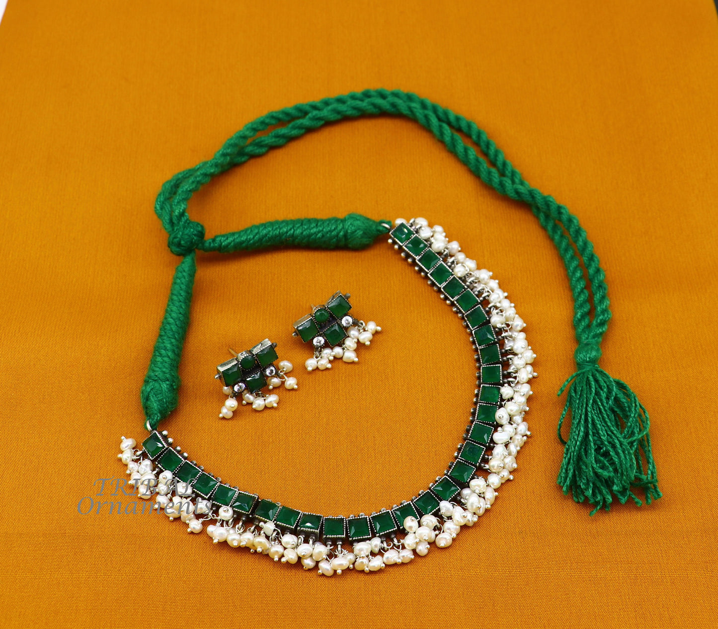 925 sterling silver customized guttapusalu necklace set amazing green stone and hanging pearl ethnic tribal brides jewelry set512 - TRIBAL ORNAMENTS