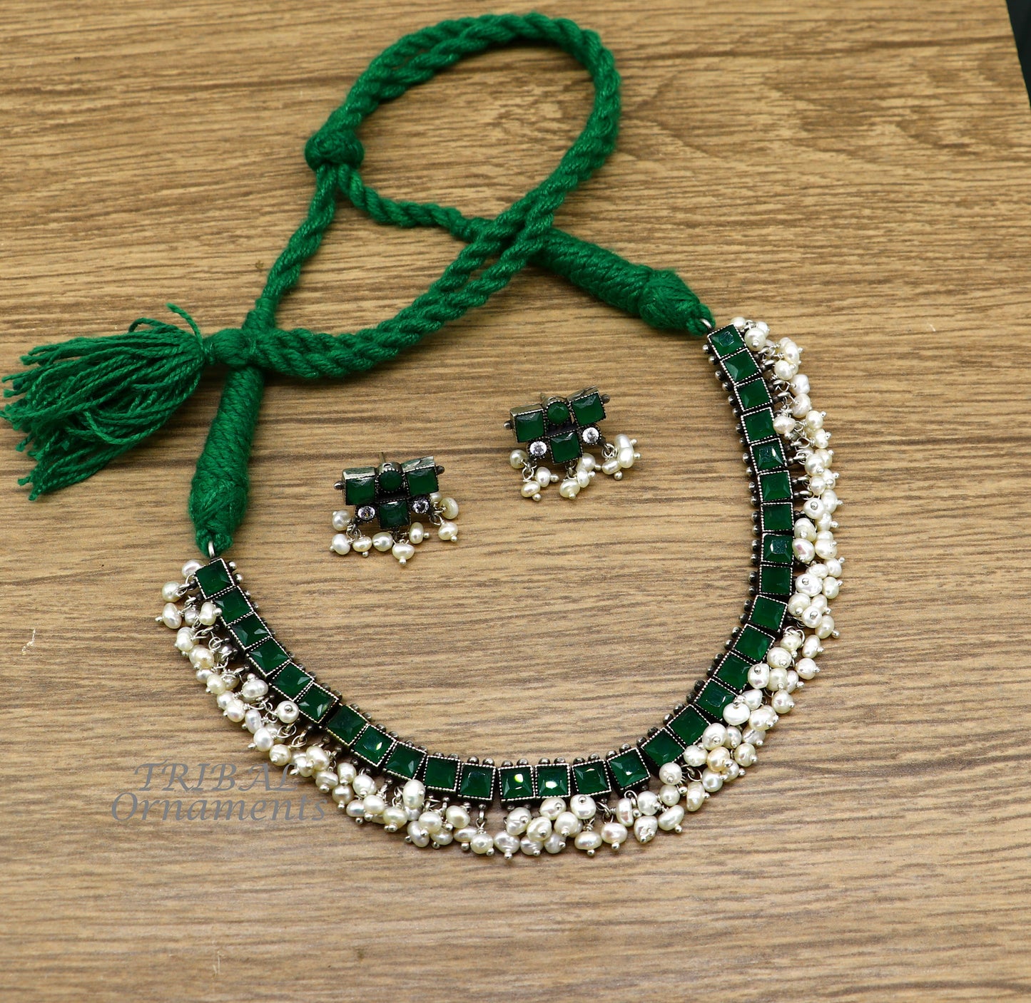 925 sterling silver customized guttapusalu necklace set amazing green stone and hanging pearl ethnic tribal brides jewelry set512 - TRIBAL ORNAMENTS