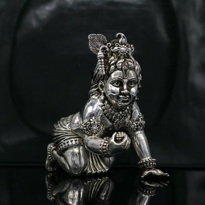 Sterling silver Krishna Bal Gopal idol figurine, handcrafted sculpture for home temple, customized Laddu Gopal silver statue.