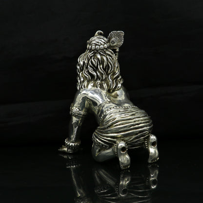 Sterling silver Krishna Bal Gopal idol figurine, customized Laddu Gopal sculpture for home temple, detailed silver religious sculpture