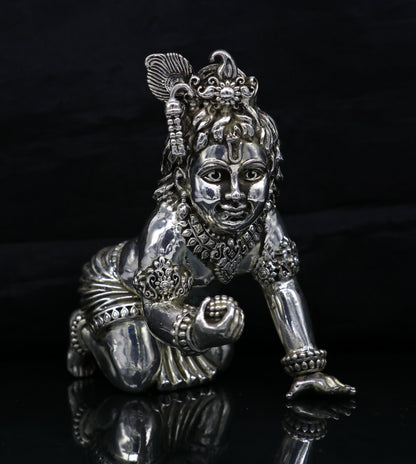 Sterling silver Krishna Bal Gopal idol figurine, custom Laddu Gopal sculpture for home temple, detailed silver religious statue.