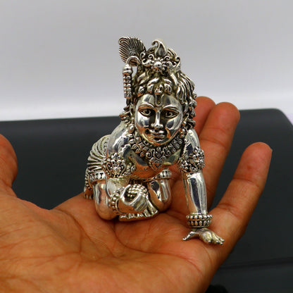 Sterling silver Krishna Bal Gopal idol figurine, detailed sculpture for home temple, customized Laddu Gopal religious ornament.
