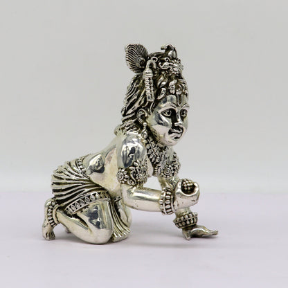 Sterling silver Krishna Bal Gopal idol figurine, customized Laddu Gopal sculpture for home temple decor, from TRIBAL ORNAMENTS.