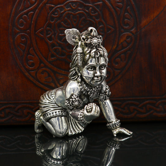925 Sterling silver customized Idol Krishna Bal Gopal statue figurine, laddu gopal sculpture home temple utensil, silver article su210 - TRIBAL ORNAMENTS