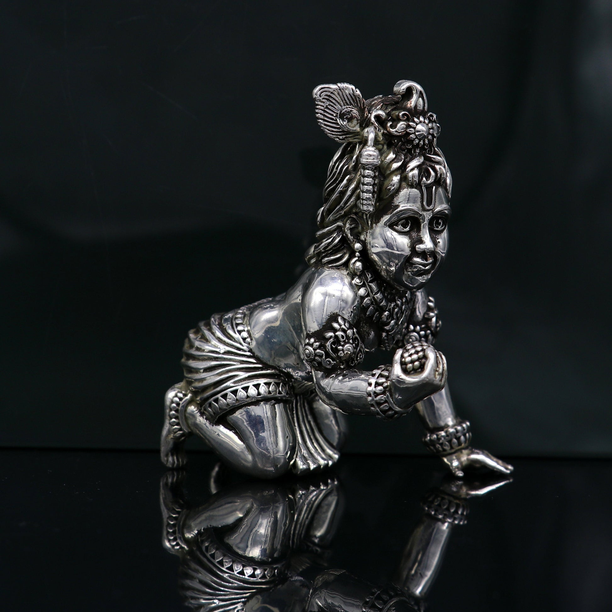 925 Sterling silver customized Idol Krishna Bal Gopal statue figurine, laddu gopal sculpture home temple utensil, silver article su210 - TRIBAL ORNAMENTS