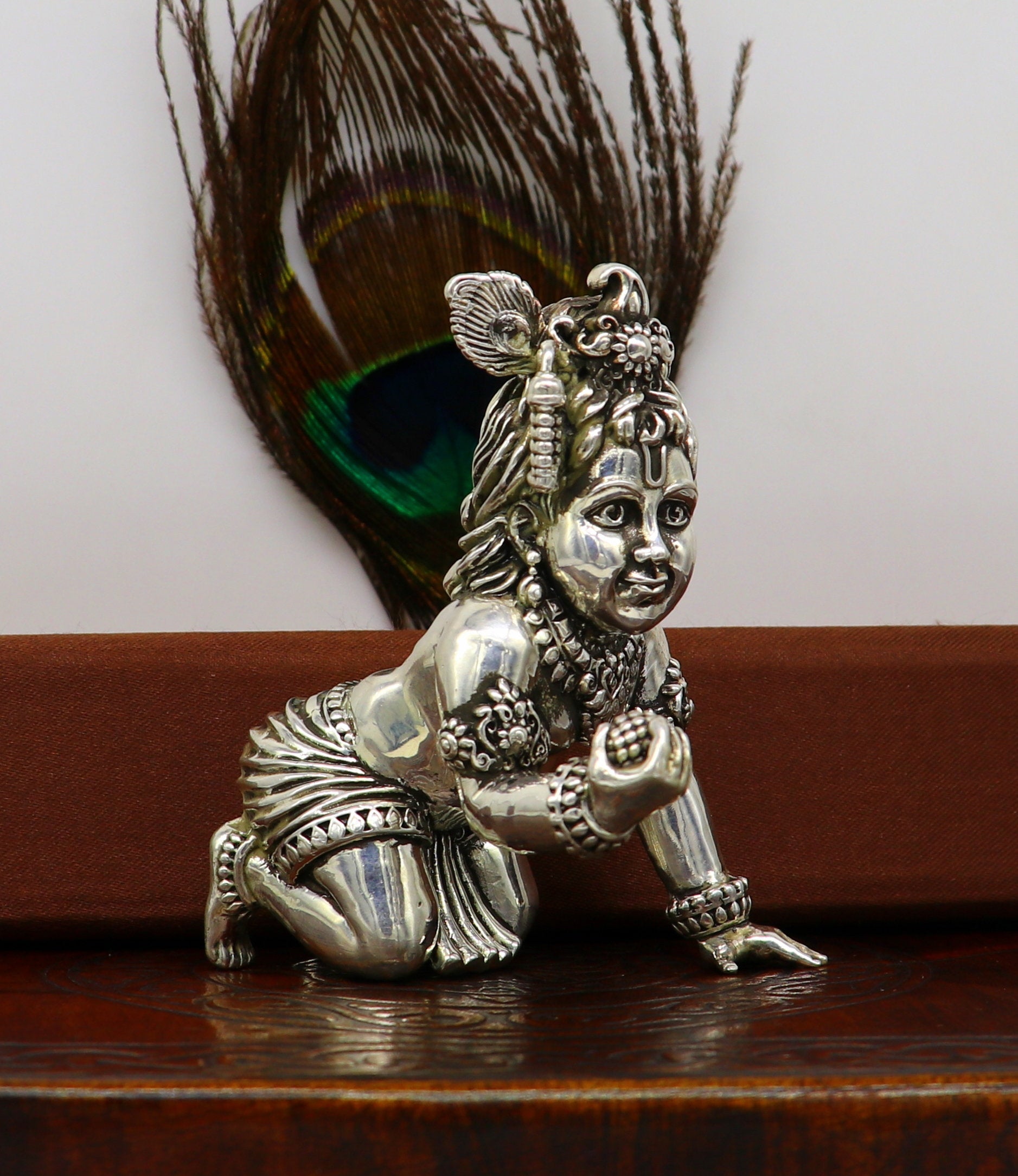 925 Sterling silver customized Idol Krishna Bal Gopal statue figurine, laddu gopal sculpture home temple utensil, silver article su210 - TRIBAL ORNAMENTS
