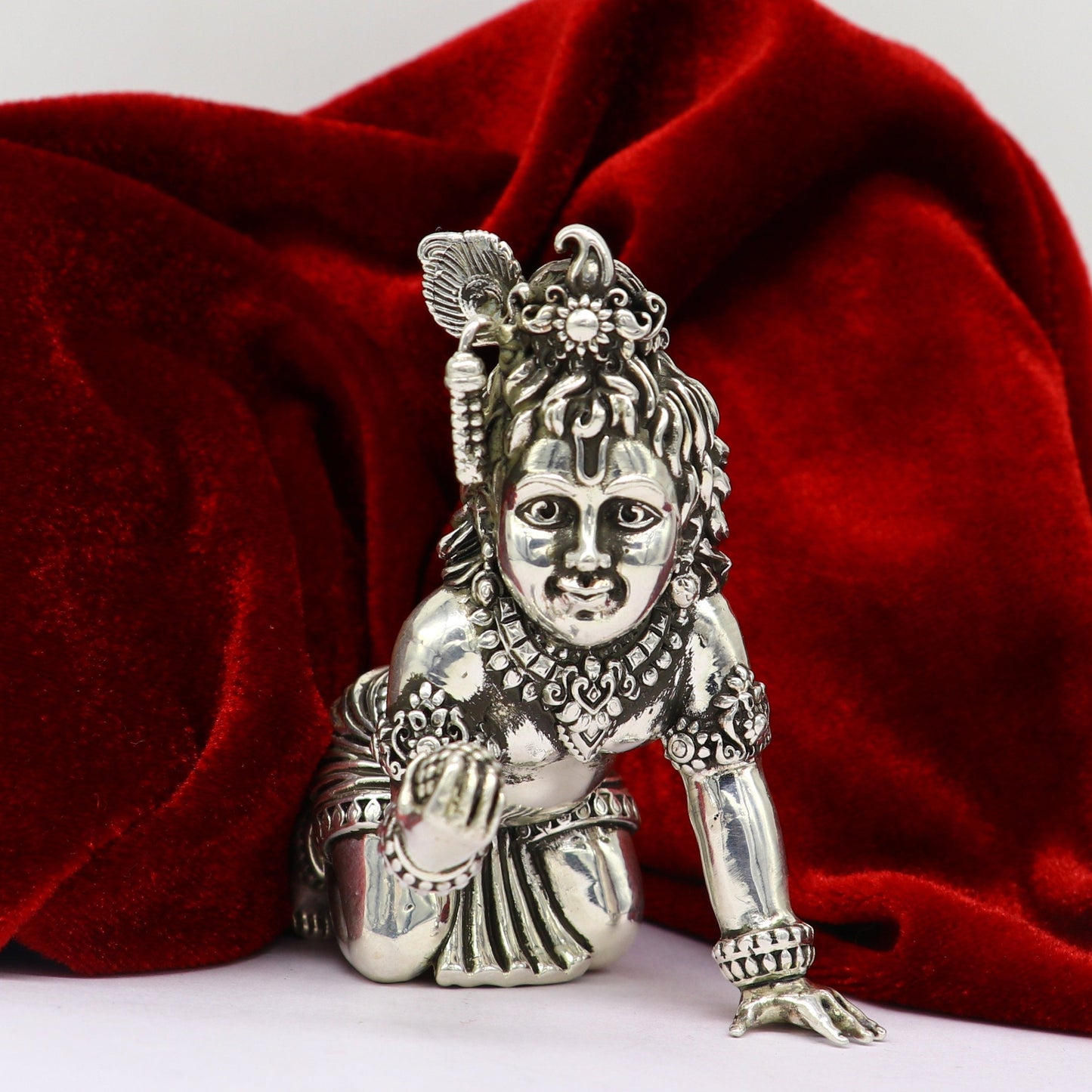 925 Sterling silver customized Idol Krishna Bal Gopal statue figurine, laddu gopal sculpture home temple utensil, silver article su210 - TRIBAL ORNAMENTS