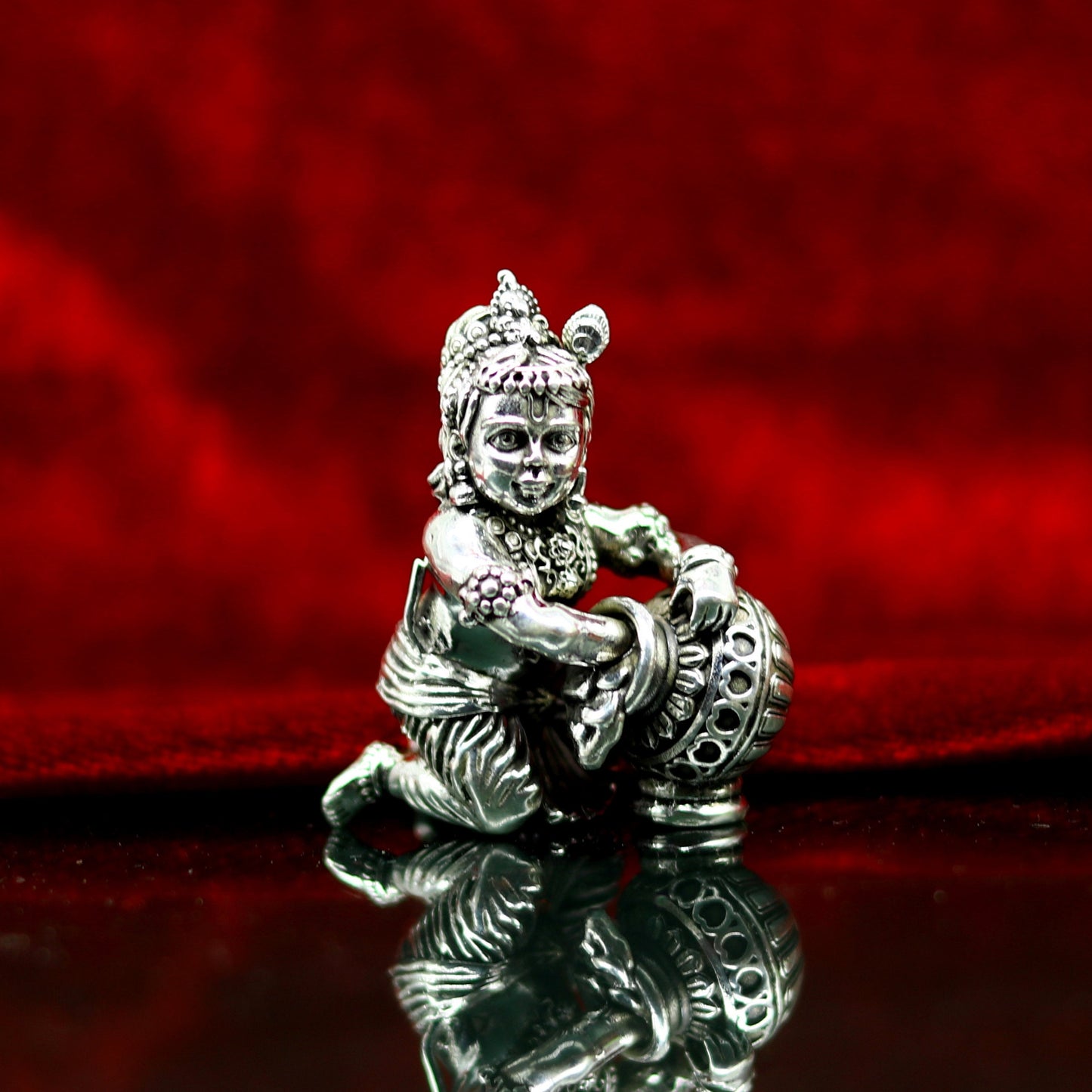 925 Sterling silver customized Idol Krishna Bal Gopal statue figurine, Makkhan Gopal sculpture home temple utensil, silver article su226 - TRIBAL ORNAMENTS