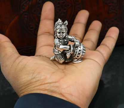 925 Sterling silver customized Idol Krishna Bal Gopal statue figurine, Makkhan Gopal sculpture home temple utensil, silver article su226 - TRIBAL ORNAMENTS