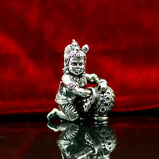 925 Sterling silver customized Idol Krishna Bal Gopal statue figurine, Makkhan Gopal sculpture home temple utensil, silver article su226 - TRIBAL ORNAMENTS