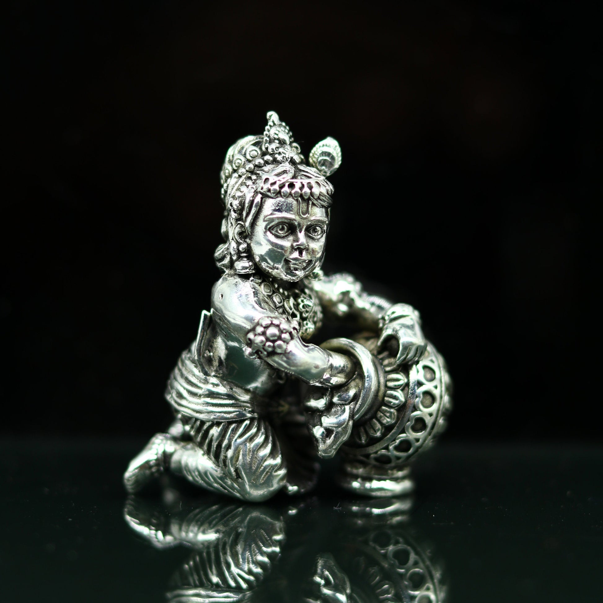 925 Sterling silver customized Idol Krishna Bal Gopal statue figurine, Makkhan Gopal sculpture home temple utensil, silver article su226 - TRIBAL ORNAMENTS