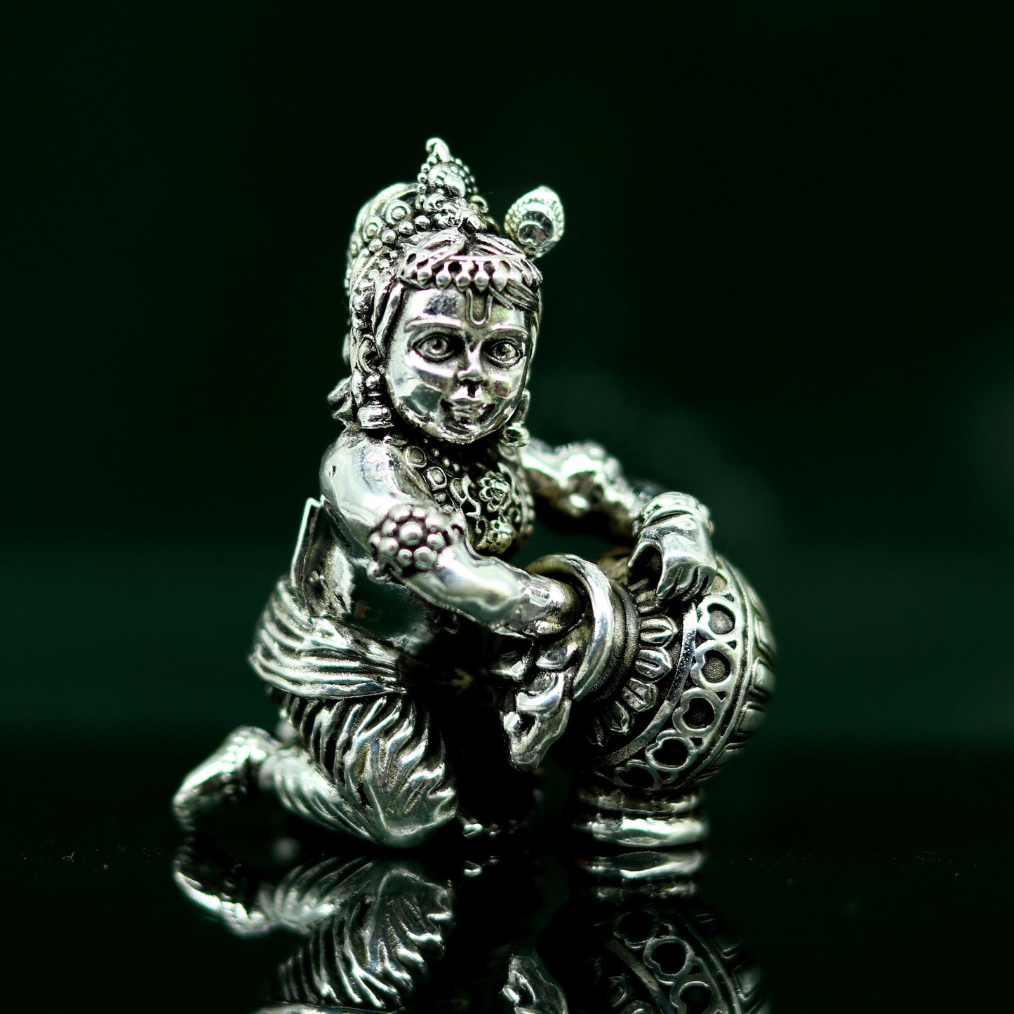 925 Sterling silver customized Idol Krishna Bal Gopal statue figurine, Makkhan Gopal sculpture home temple utensil, silver article su226 - TRIBAL ORNAMENTS