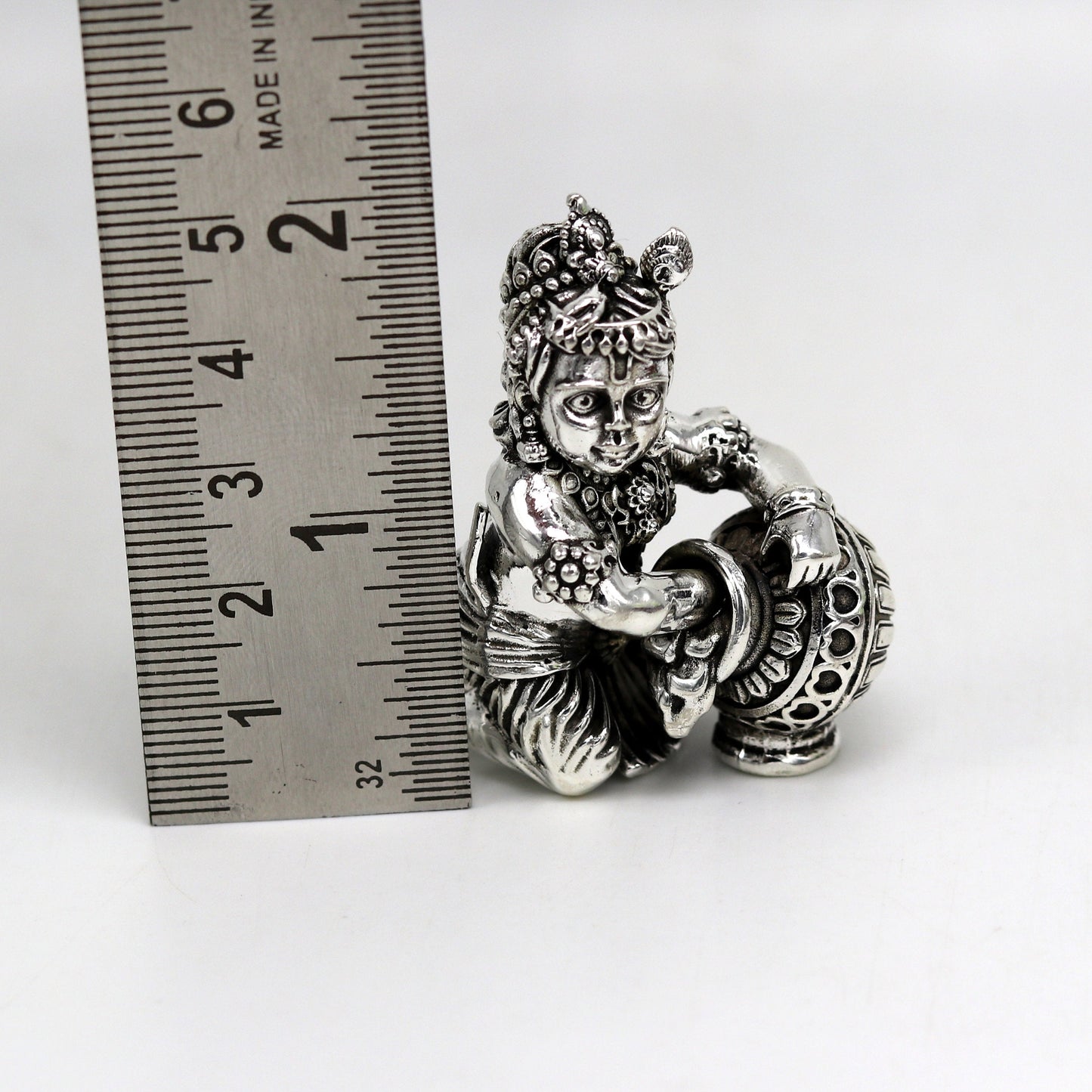 925 Sterling silver customized Idol Krishna Bal Gopal statue figurine, Makkhan Gopal sculpture home temple utensil, silver article su226 - TRIBAL ORNAMENTS