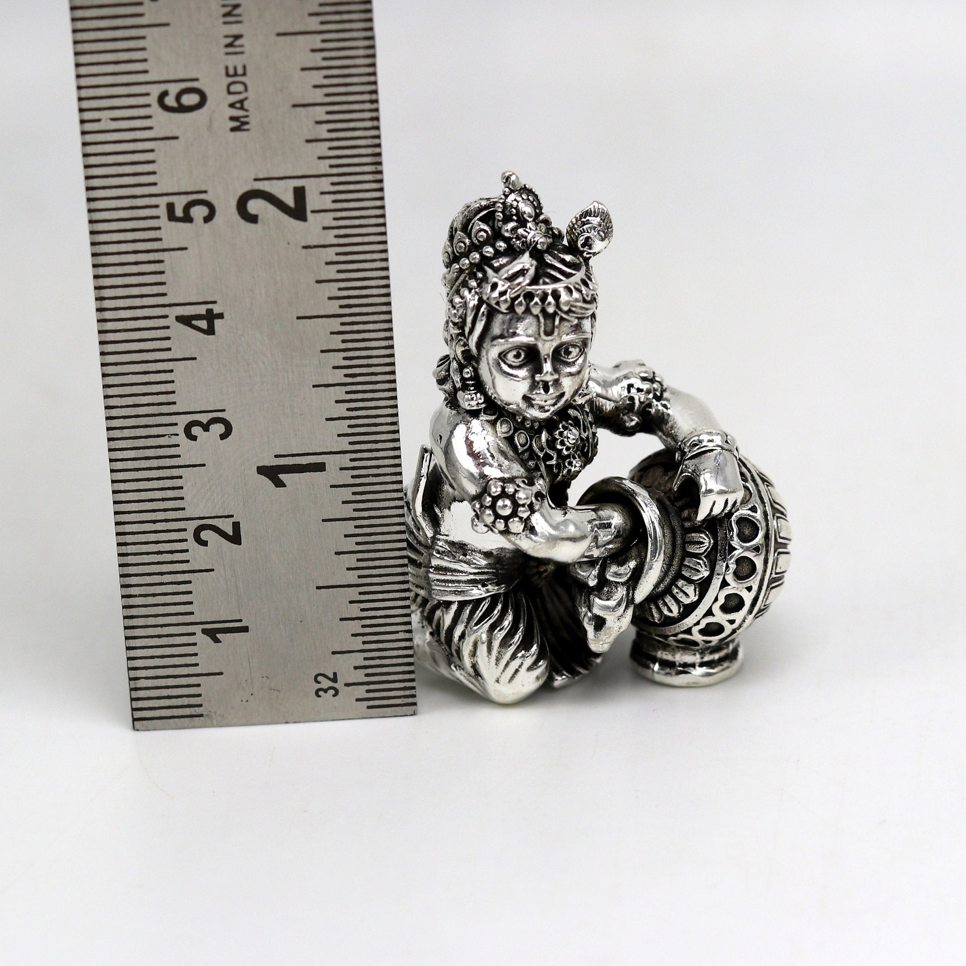 925 Sterling silver customized Idol Krishna Bal Gopal statue figurine, Makkhan Gopal sculpture home temple utensil, silver article su226 - TRIBAL ORNAMENTS