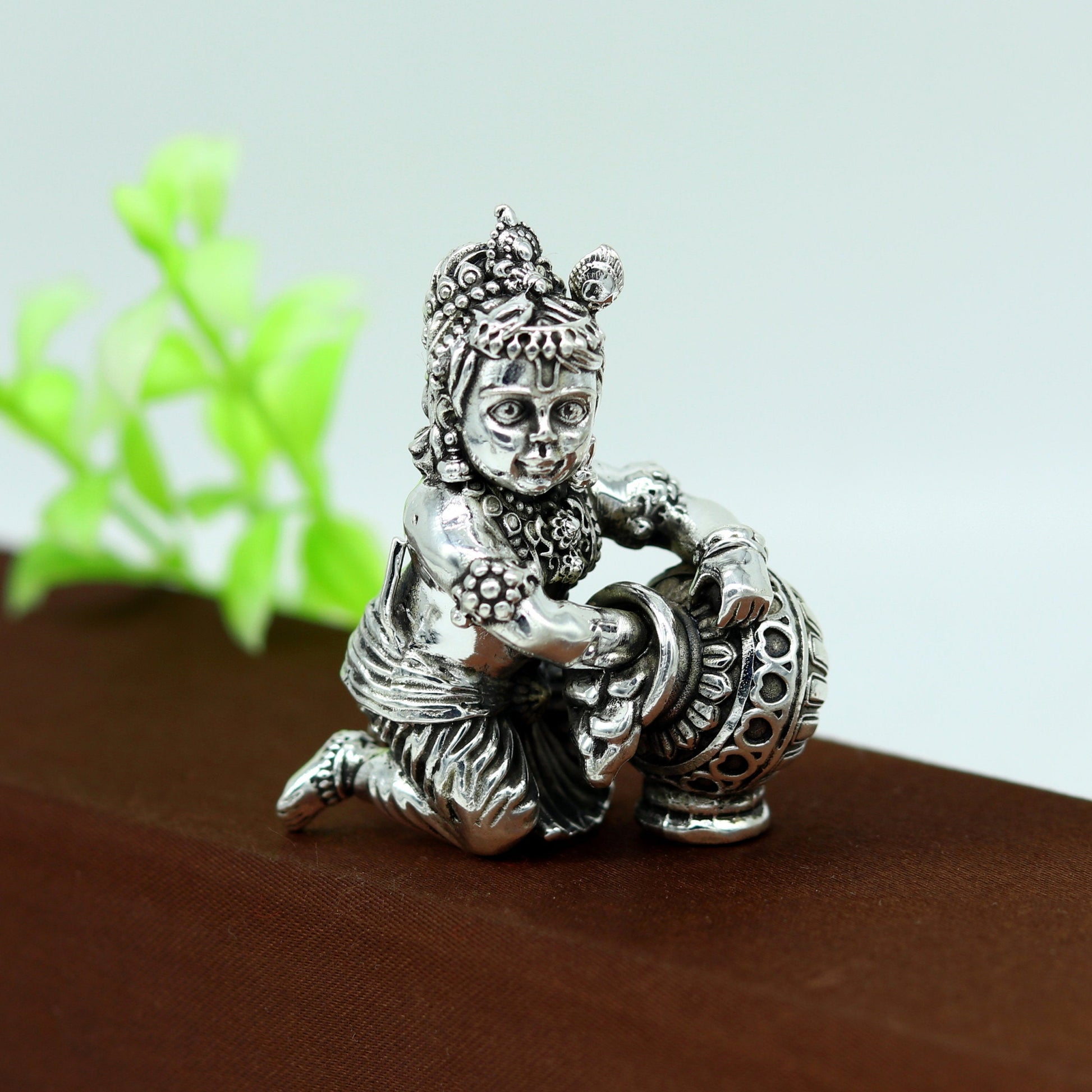 925 Sterling silver customized Idol Krishna Bal Gopal statue figurine, Makkhan Gopal sculpture home temple utensil, silver article su226 - TRIBAL ORNAMENTS