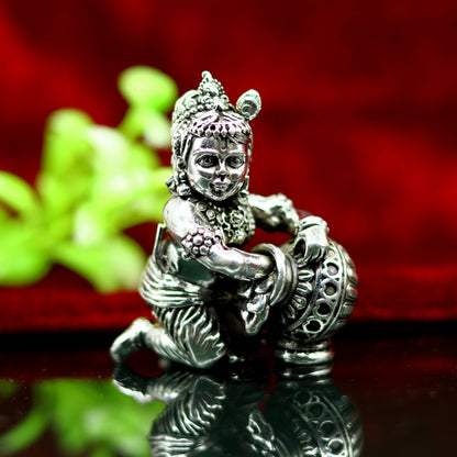 925 Sterling silver customized Idol Krishna Bal Gopal statue figurine, Makkhan Gopal sculpture home temple utensil, silver article su227 - TRIBAL ORNAMENTS