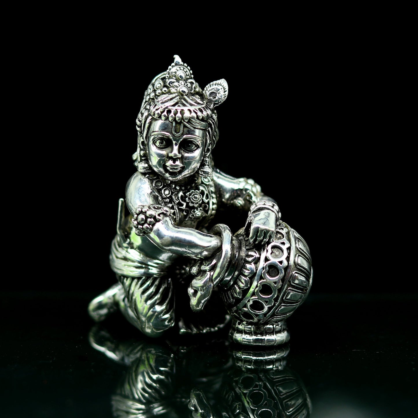 925 Sterling silver customized Idol Krishna Bal Gopal statue figurine, Makkhan Gopal sculpture home temple utensil, silver article su227 - TRIBAL ORNAMENTS