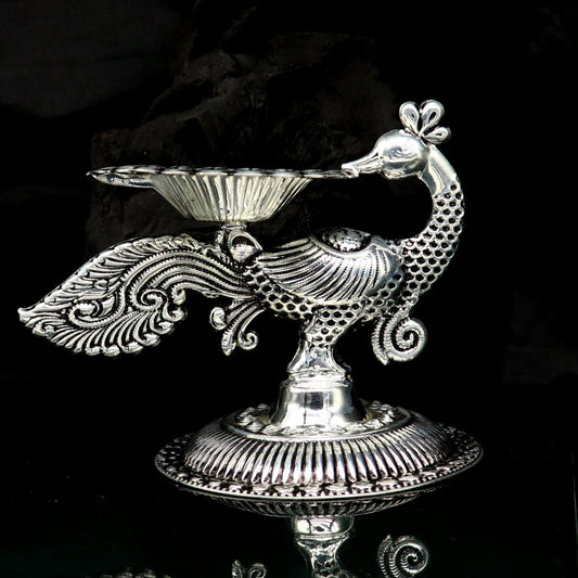 925 Sterling silver customized kandrai/chitai work vintage peacock design oil lamp, silver deepak, silver diya, silver articles su86 - TRIBAL ORNAMENTS