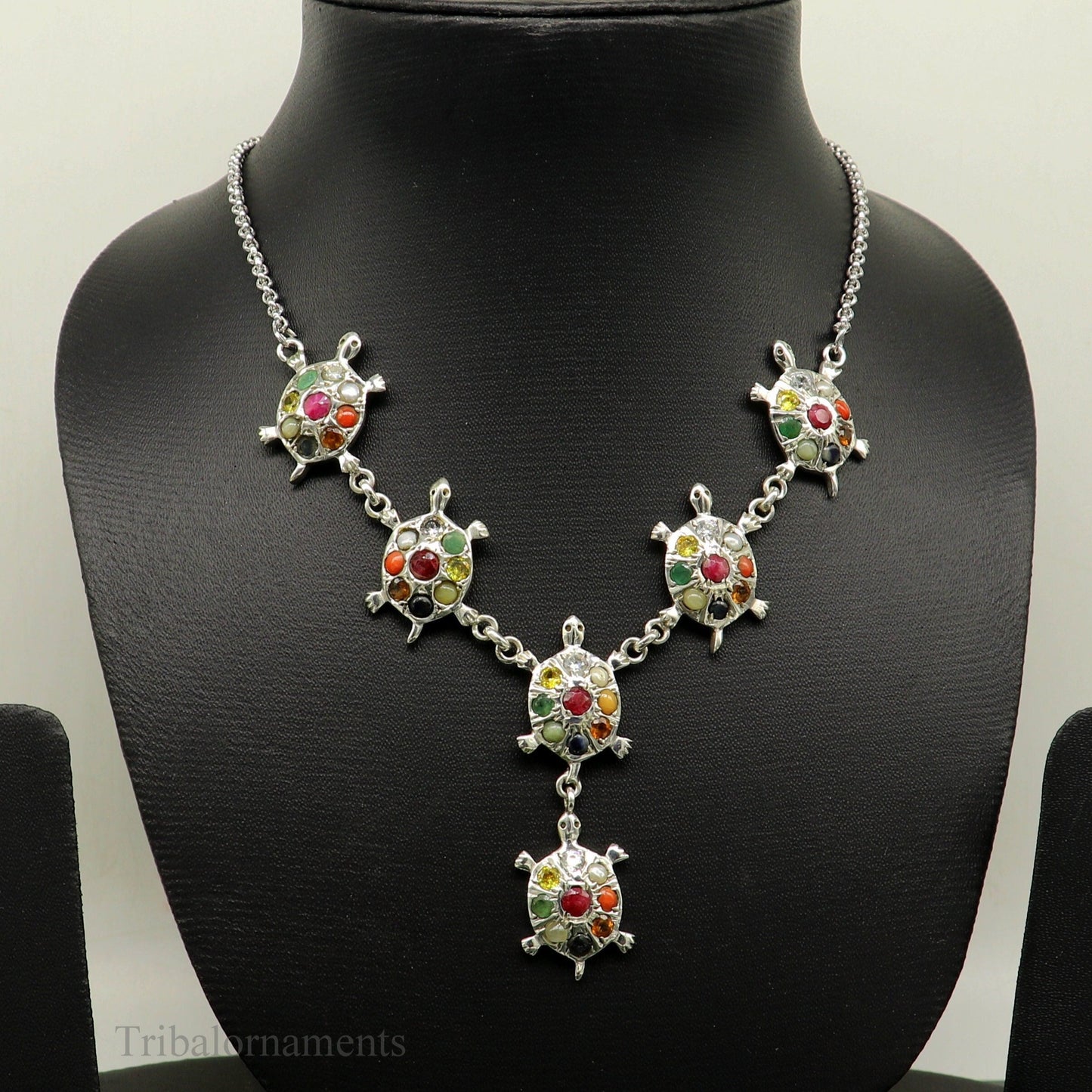 925 sterling silver customized Navratan stone tortoise design necklace, best designer stylish tribal ethnic jewelry  belly dance nec263 - TRIBAL ORNAMENTS