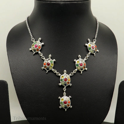 Sterling silver Navratan stone tortoise design necklace with tribal ethnic style, perfect for belly dance or stylish tribal jewelry.