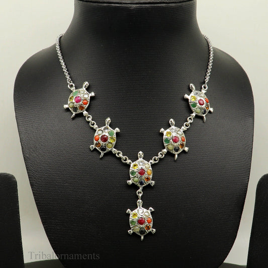 925 sterling silver customized Navratan stone tortoise design necklace, best designer stylish tribal ethnic jewelry  belly dance nec263 - TRIBAL ORNAMENTS