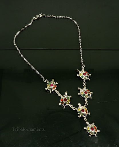 Sterling silver Navratan stone tortoise design necklace, tribal ethnic jewelry, stylish tribal ornaments for belly dance accessories