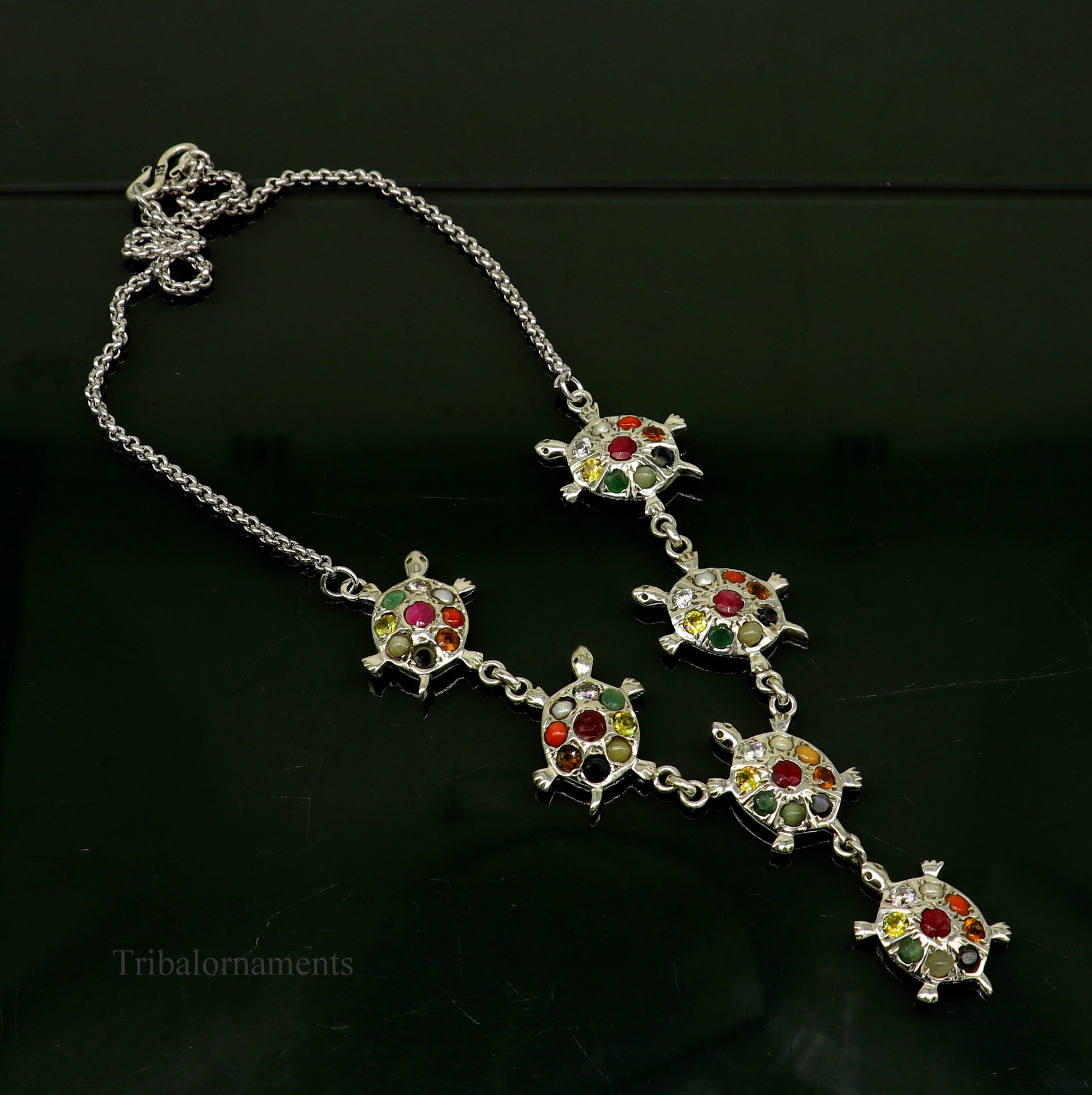 925 sterling silver customized Navratan stone tortoise design necklace, best designer stylish tribal ethnic jewelry  belly dance nec263 - TRIBAL ORNAMENTS