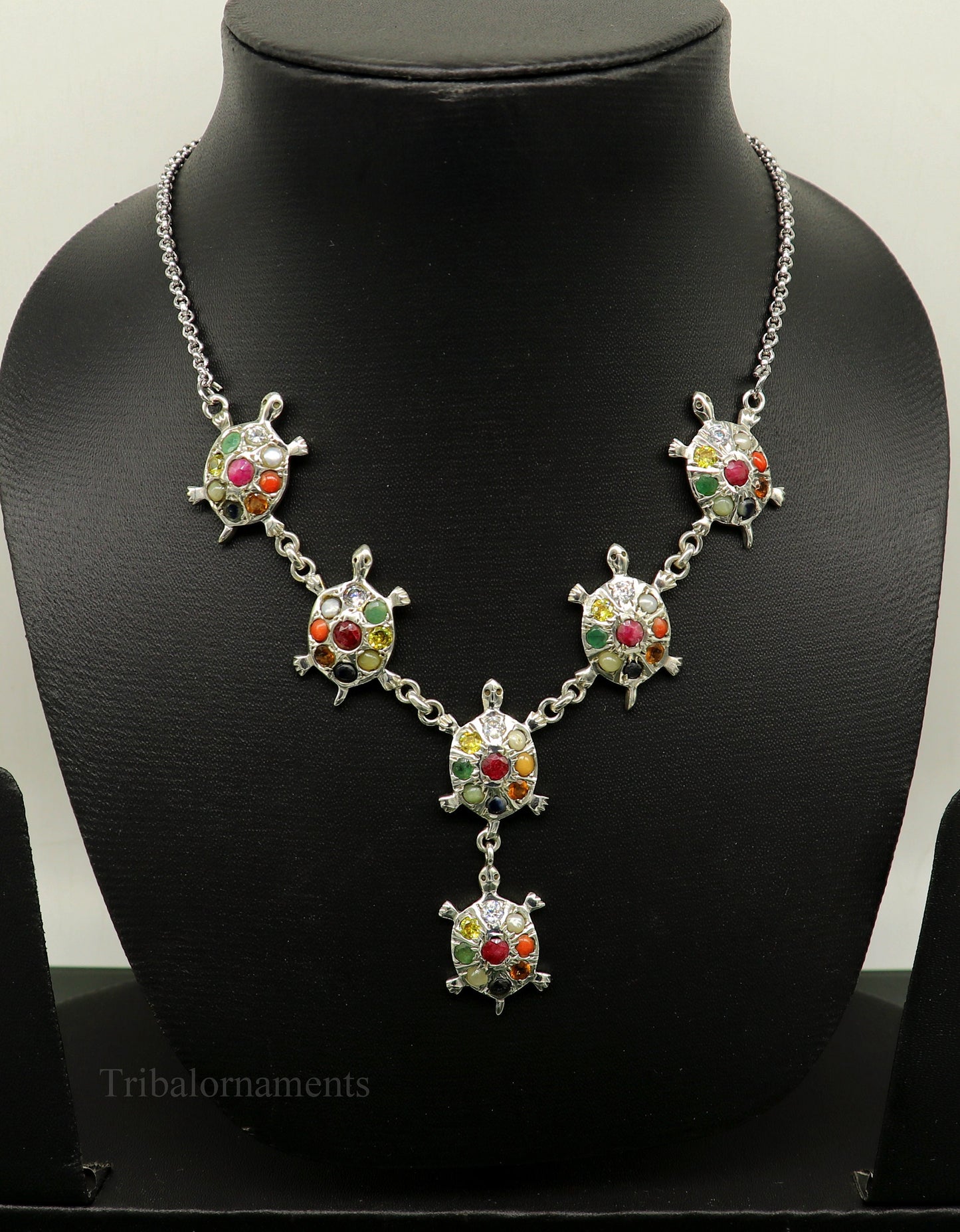 925 sterling silver customized Navratan stone tortoise design necklace, best designer stylish tribal ethnic jewelry  belly dance nec263 - TRIBAL ORNAMENTS