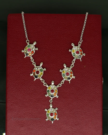 Sterling silver Navratan stone tortoise necklace featuring tribal ethnic design, ideal for belly dance costumes and stylish jewelry.