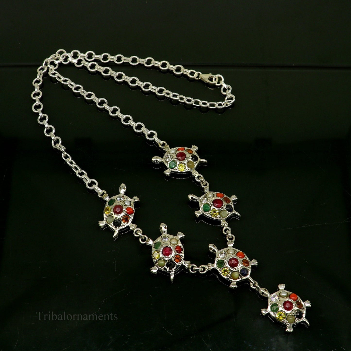925 sterling silver Navratan stone tortoise necklace with tribal design, stylish ethnic jewelry for belly dance accessories.