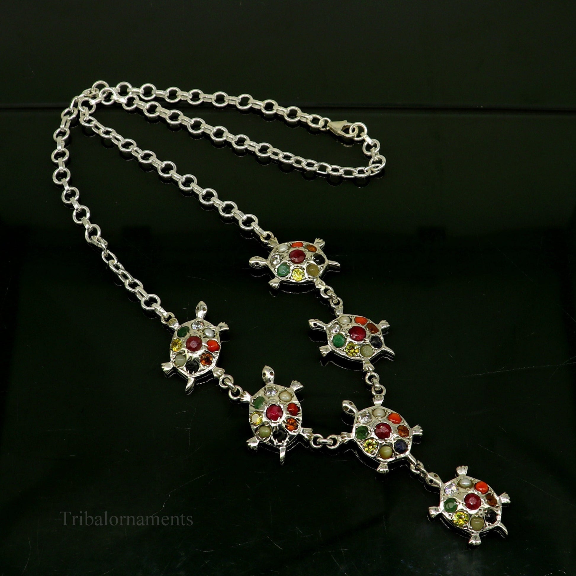 925 sterling silver Navratan stone tortoise necklace with tribal design, stylish ethnic jewelry for belly dance accessories.