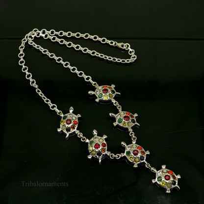 925 sterling silver Navratan stone tortoise necklace with tribal design, stylish ethnic jewelry for belly dance accessories.