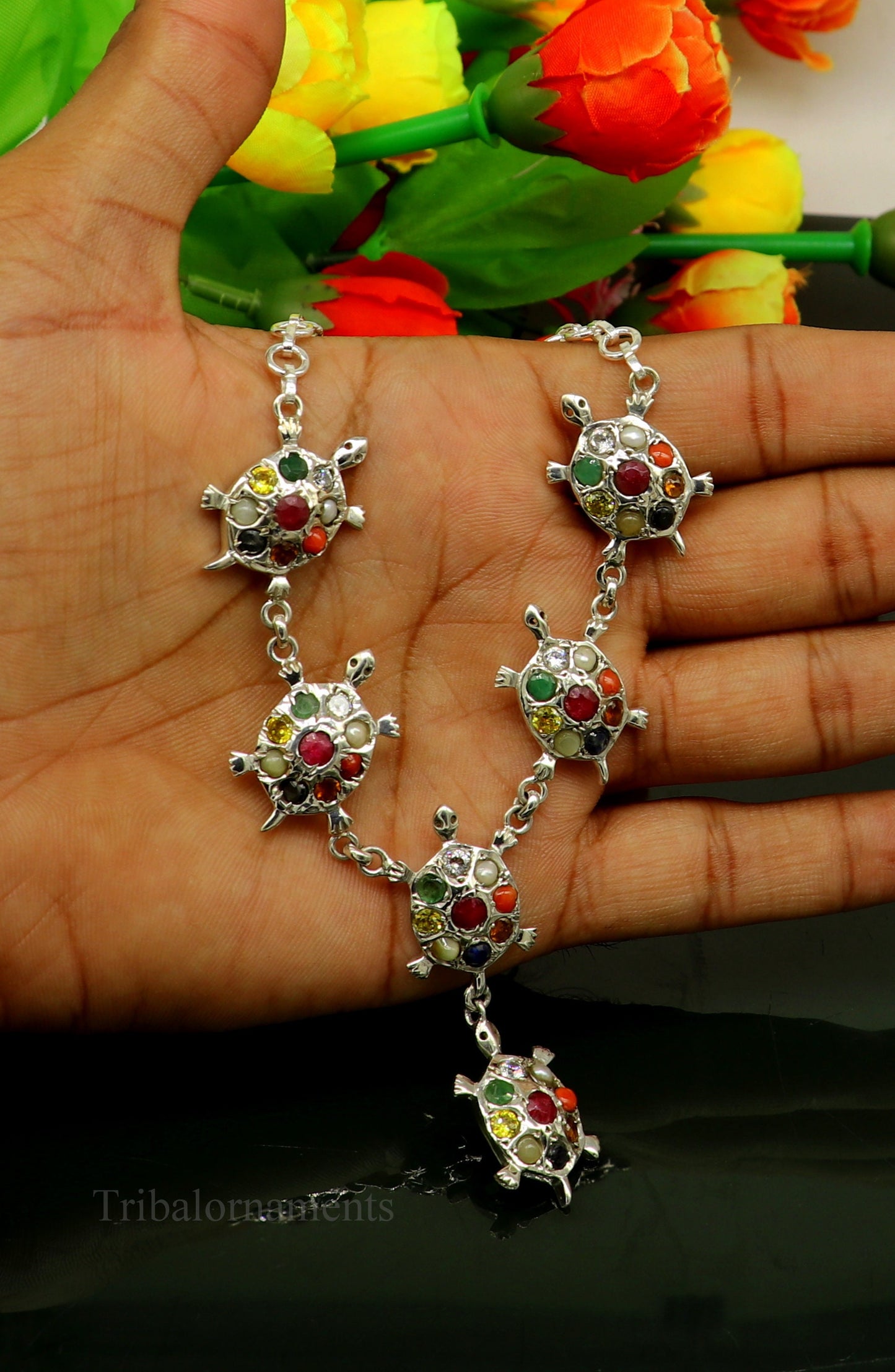 Sterling silver Navratan stone tortoise necklace featuring tribal design, stylish ethnic jewelry for belly dance or special occasions.