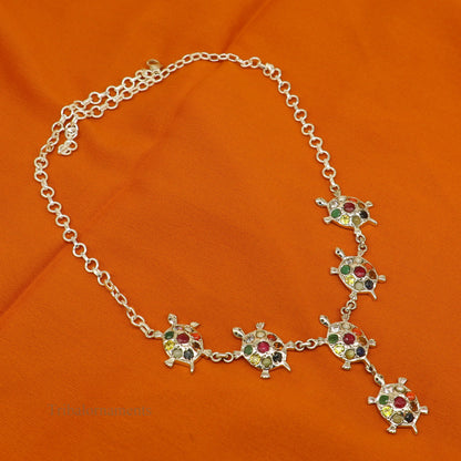 Sterling silver Navratan stone tortoise necklace with tribal design, stylish ethnic jewelry for belly dance accessories.