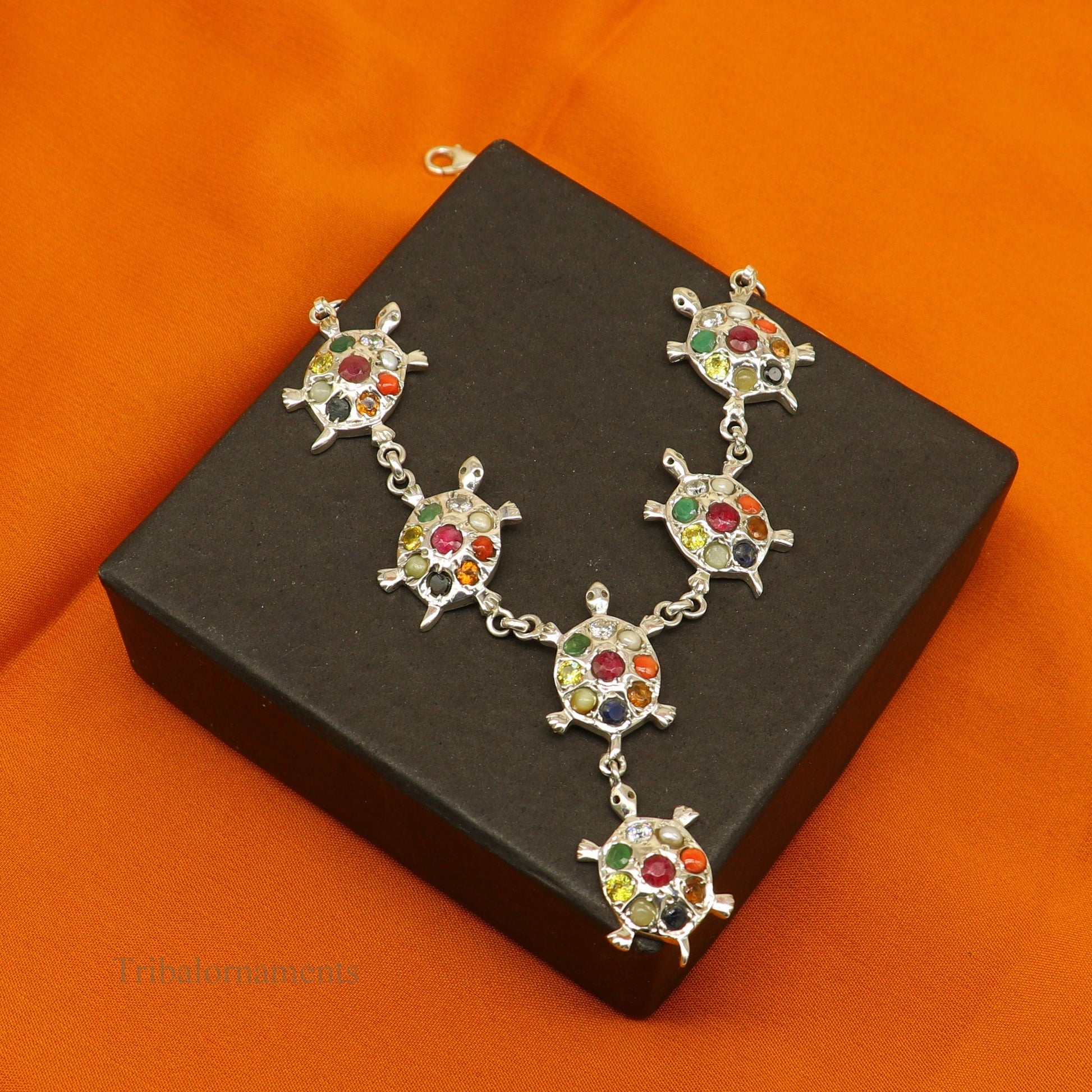 925 sterling silver Navratan stone tortoise design necklace with tribal ethnic style, handcrafted jewelry for belly dance or special occasions.