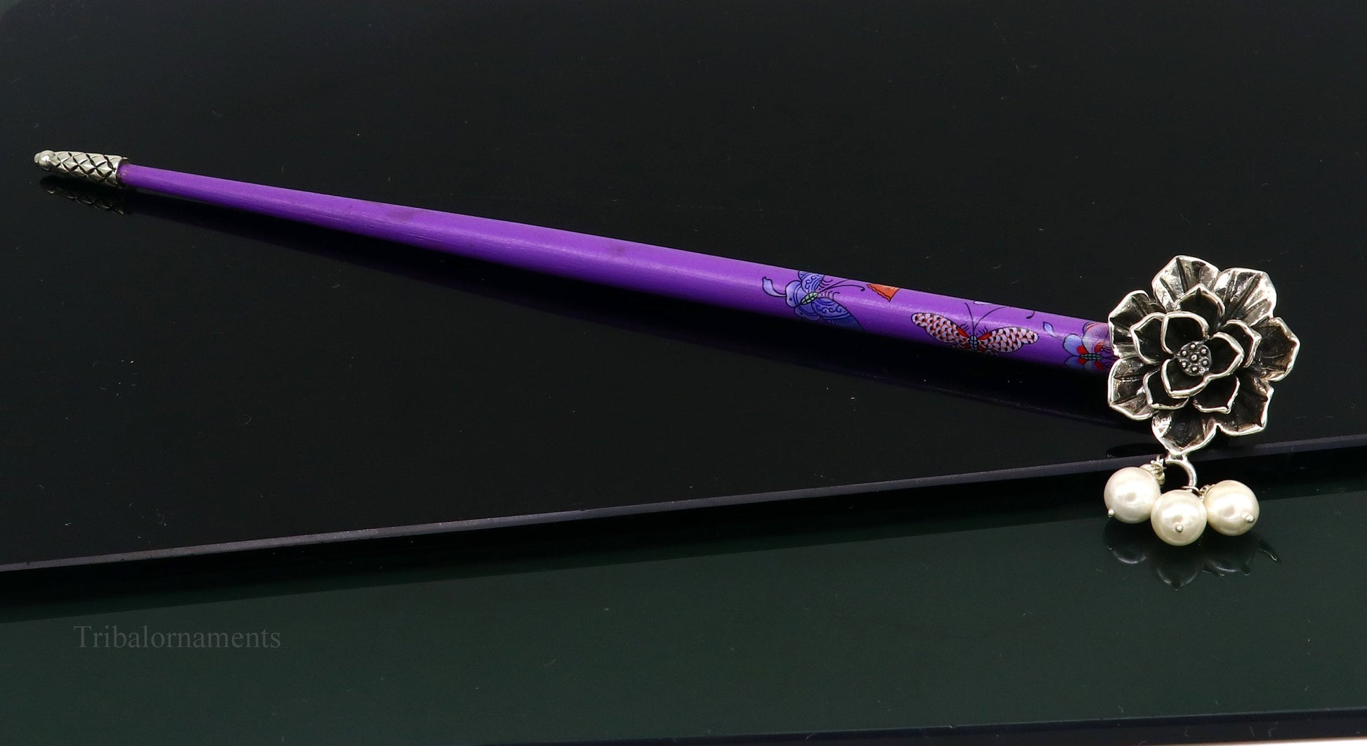 925 sterling silver customized rose flower design hair pin with wooden painted stick amazing hair jewelry brides gifting  hc10 - TRIBAL ORNAMENTS