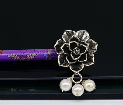 Sterling silver rose flower hair pin with wooden painted stick, tribal ornament hair jewelry perfect for brides and special occasions